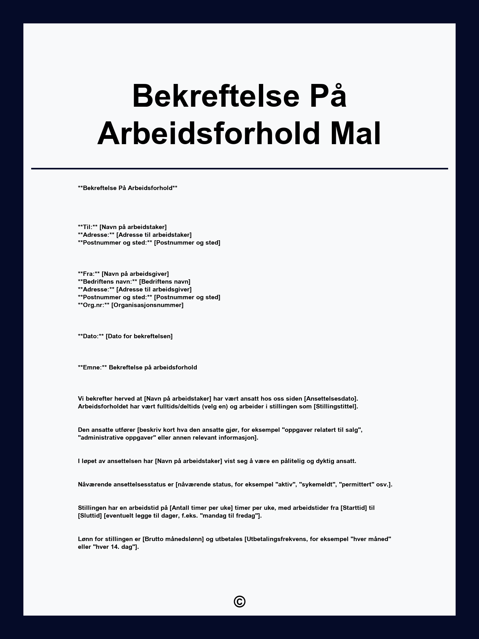 Bekreftelse På Arbeidsforhold Mal