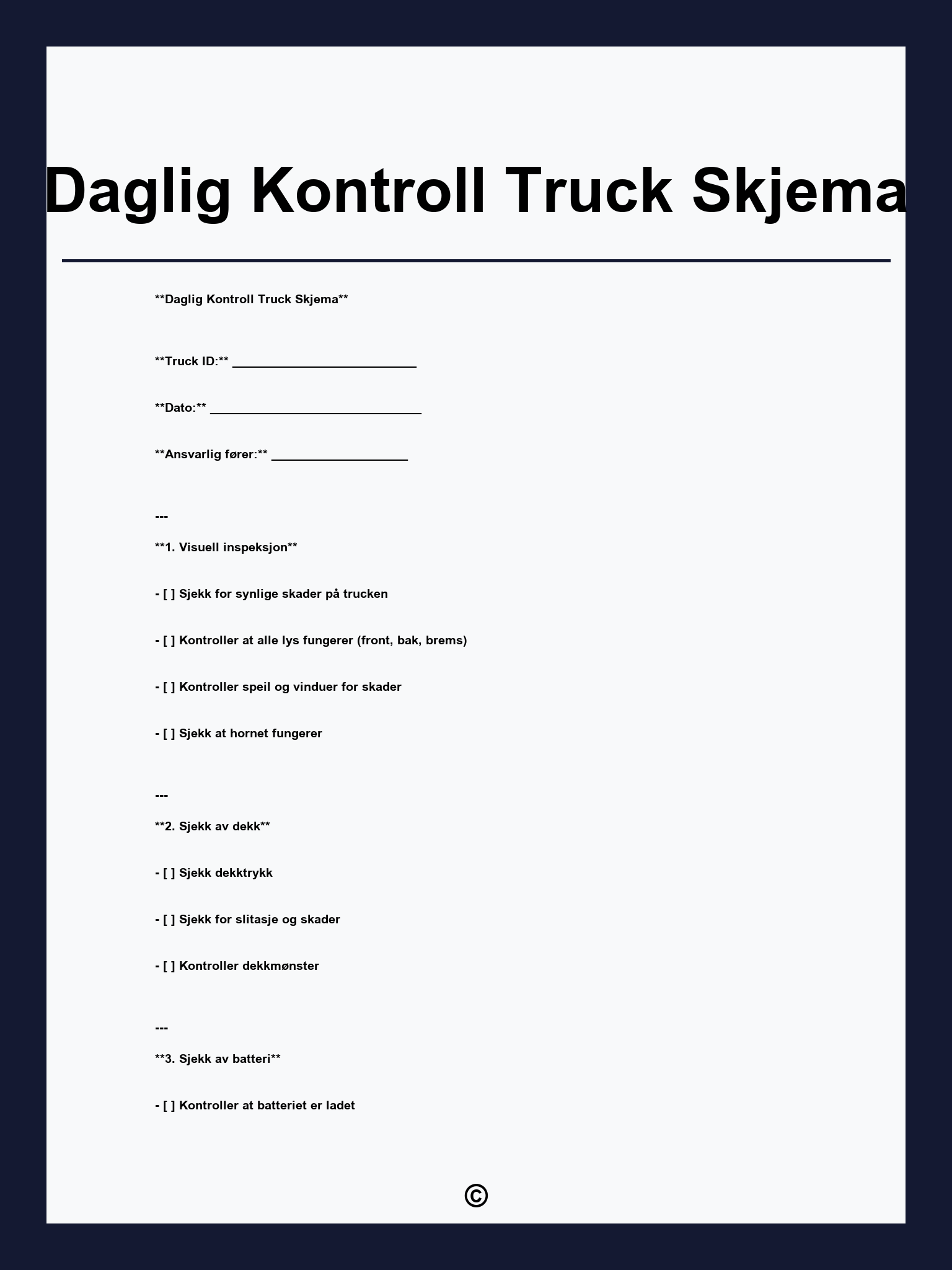Daglig Kontroll Truck Skjema