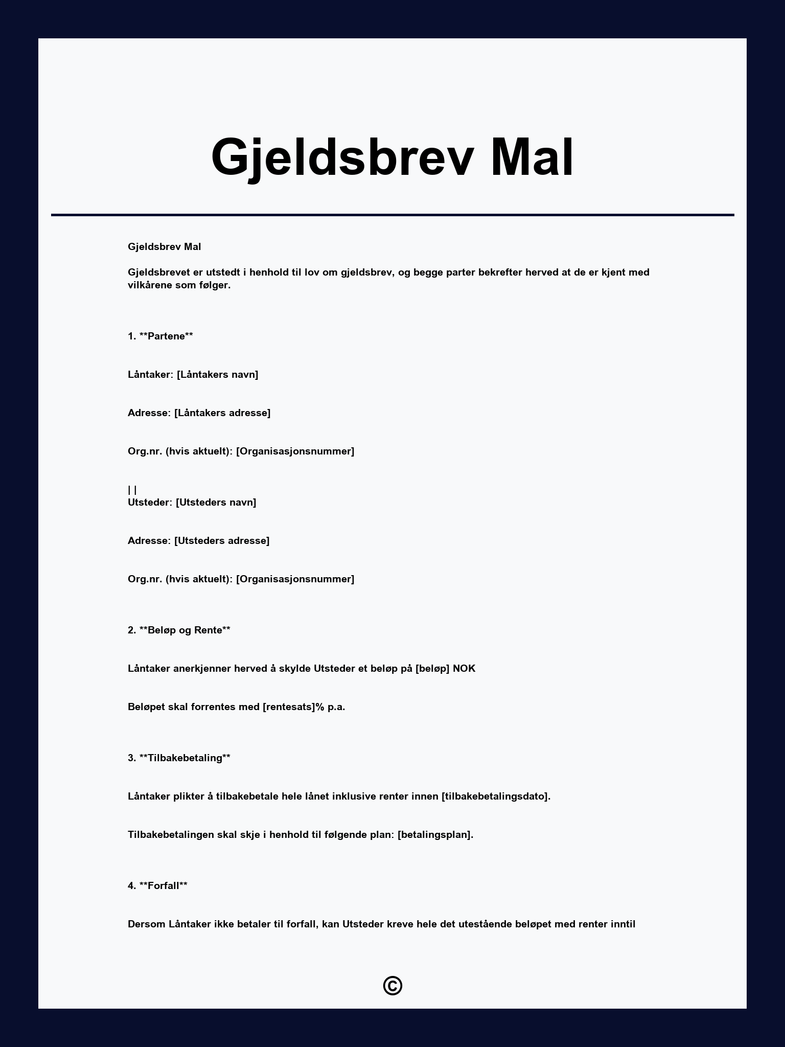 Gjeldsbrev Mal