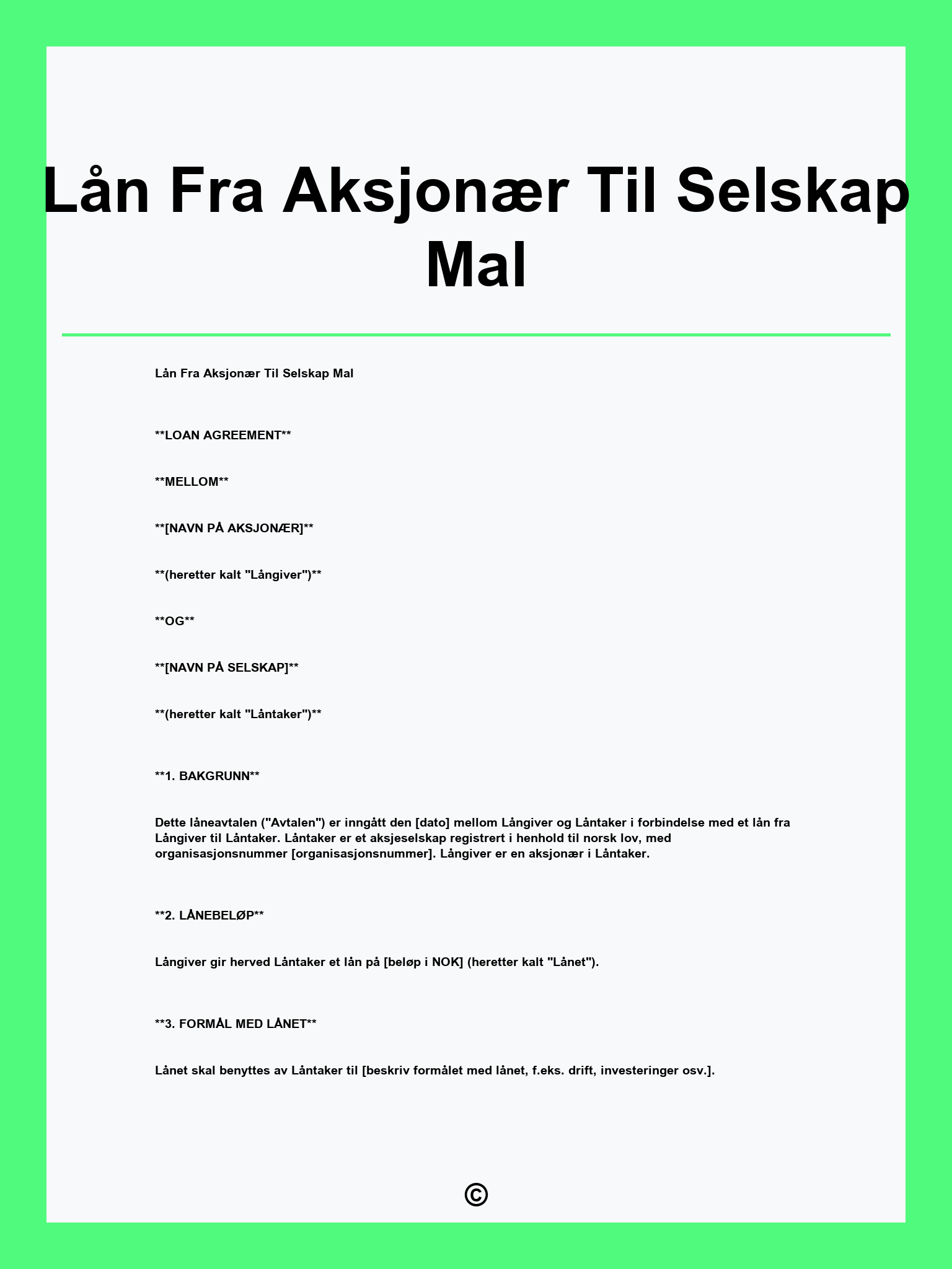 Lån Fra Aksjonær Til Selskap Mal