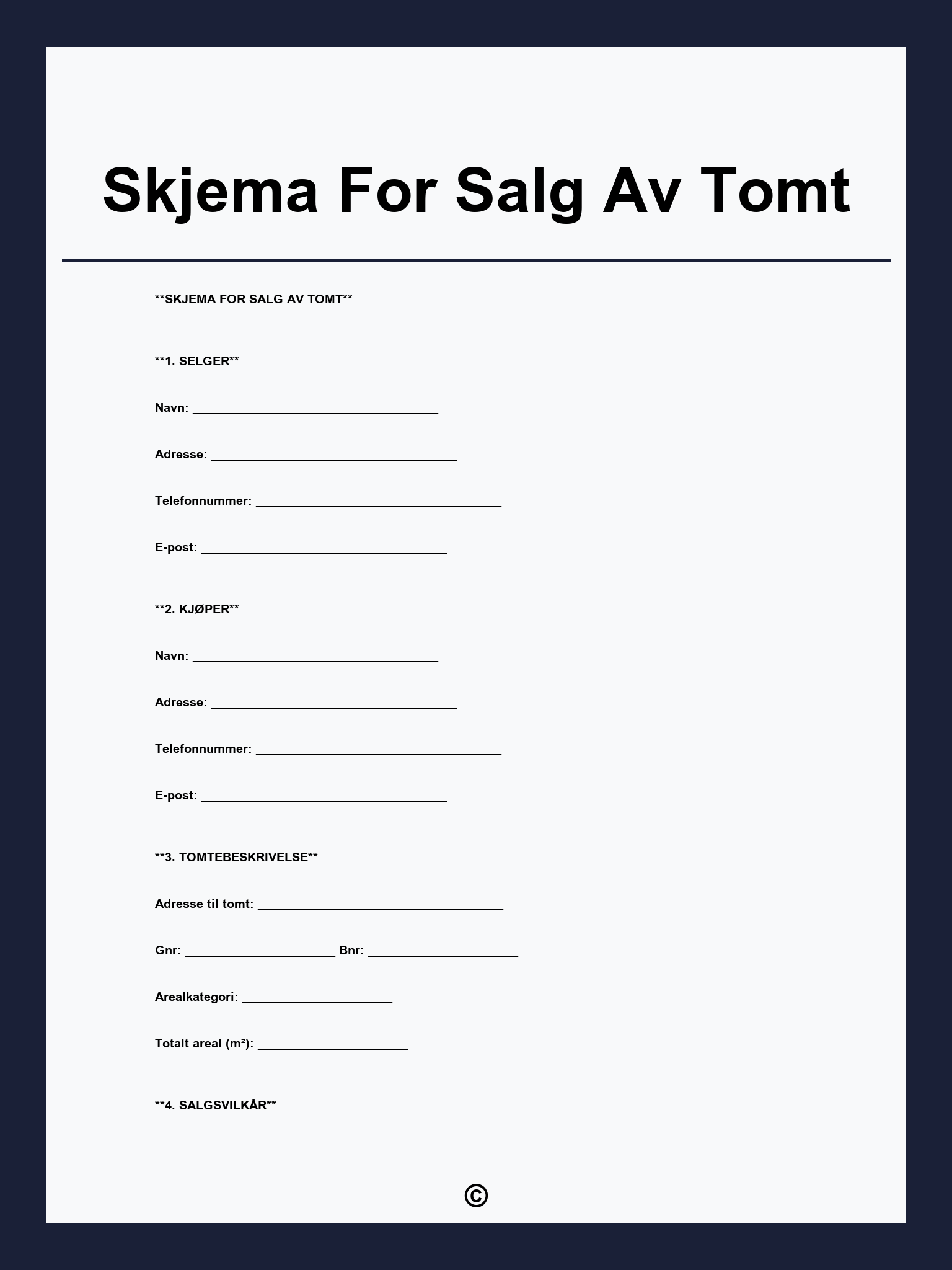 Skjema For Salg Av Tomt