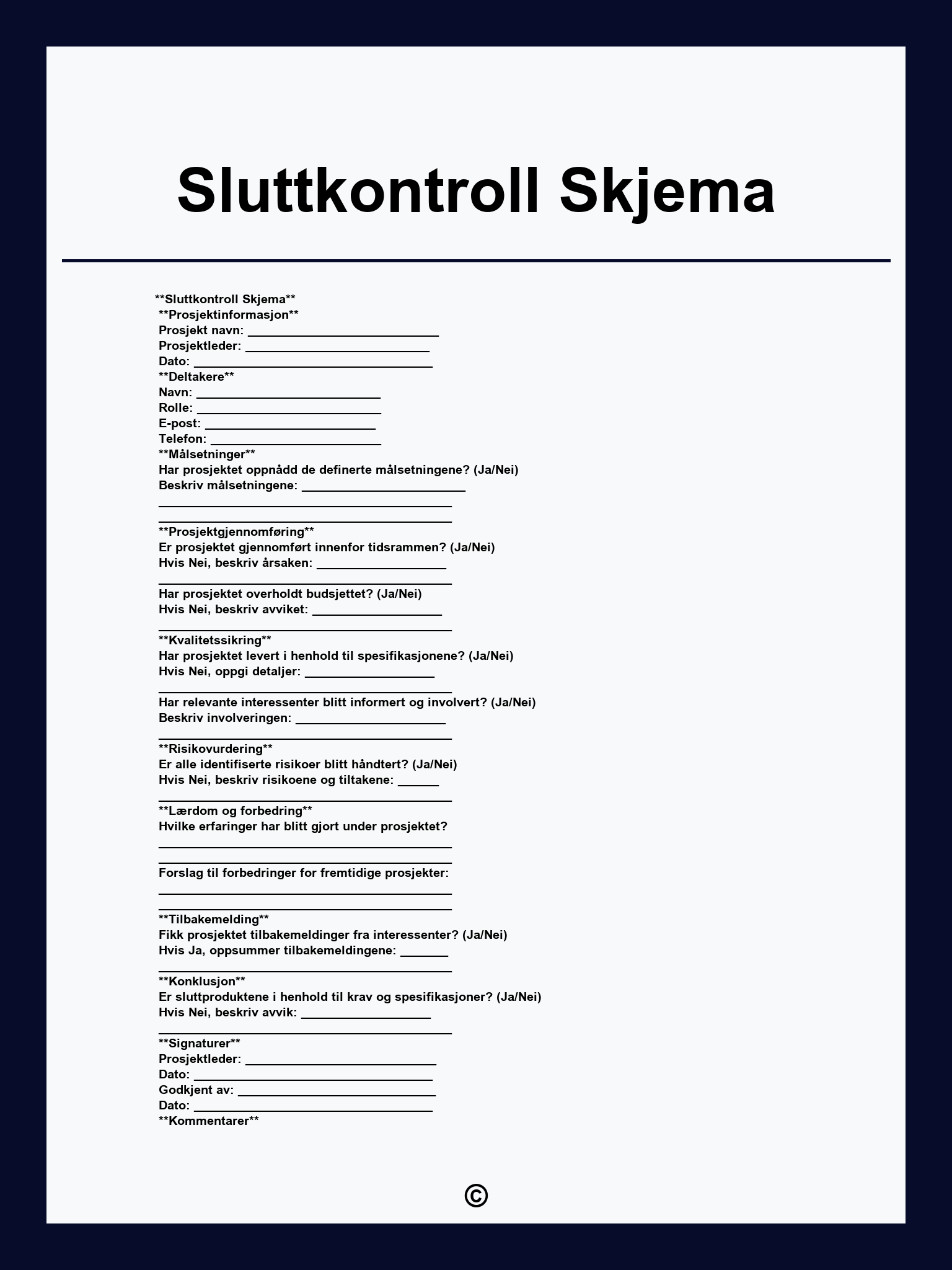 Sluttkontroll Skjema