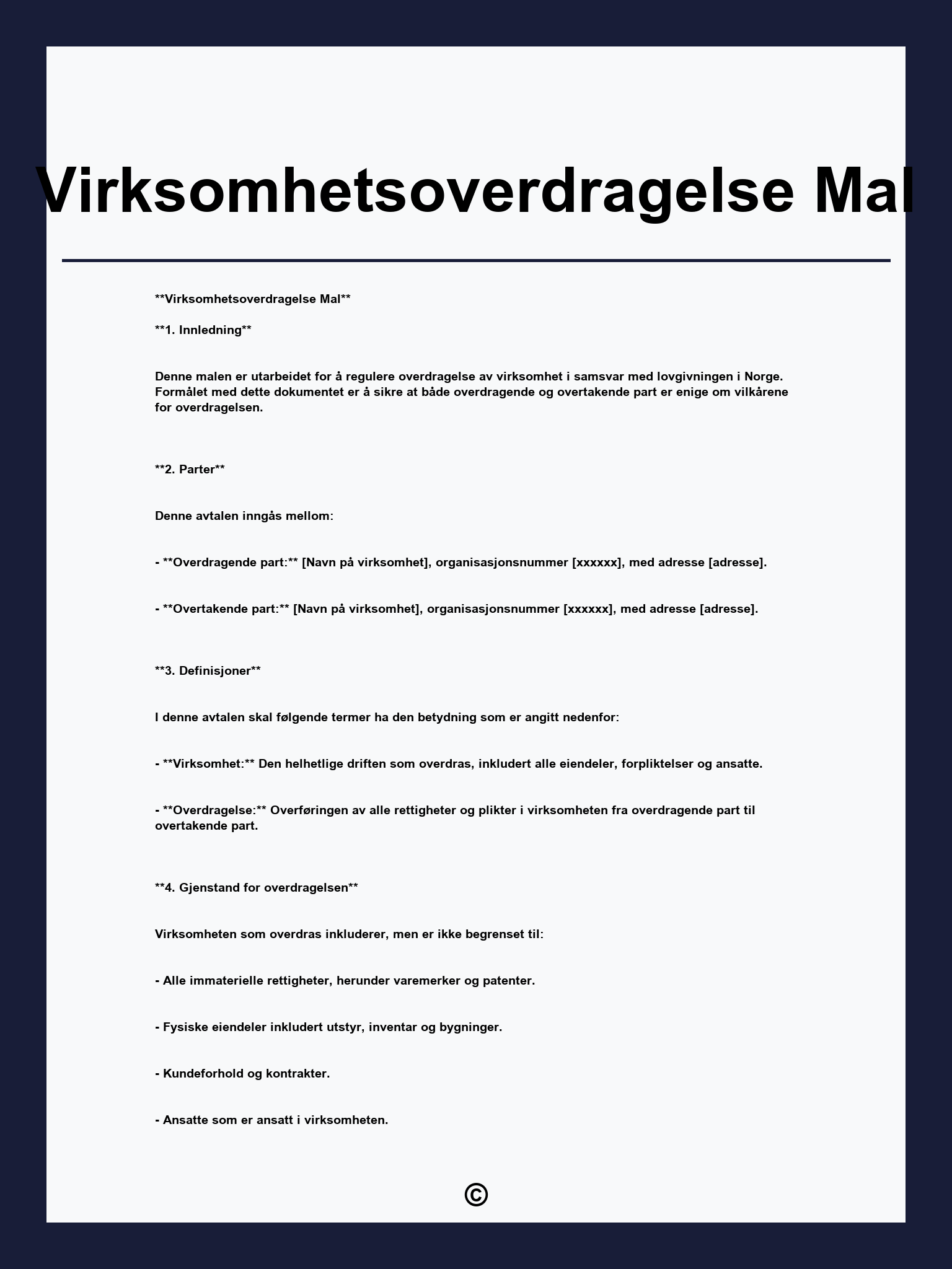 Virksomhetsoverdragelse Mal